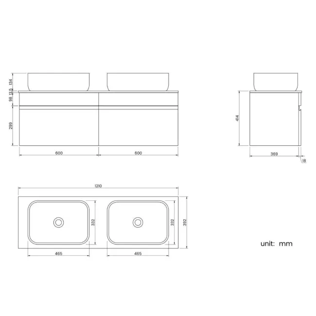 Trent Stone Grey Double Wall Hung Drawer Vanity with Marble Top & Curved Counter Top Basin 1200mm
