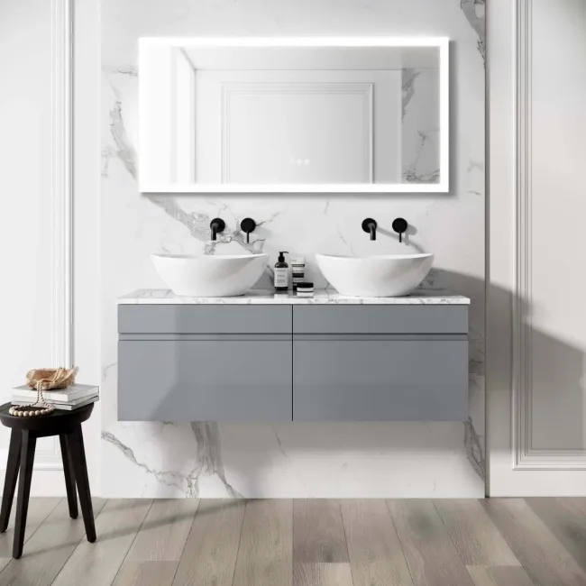 Trent Stone Grey Double Wall Hung Drawer Vanity with Marble Top & Oval Counter Top Basin 1200mm