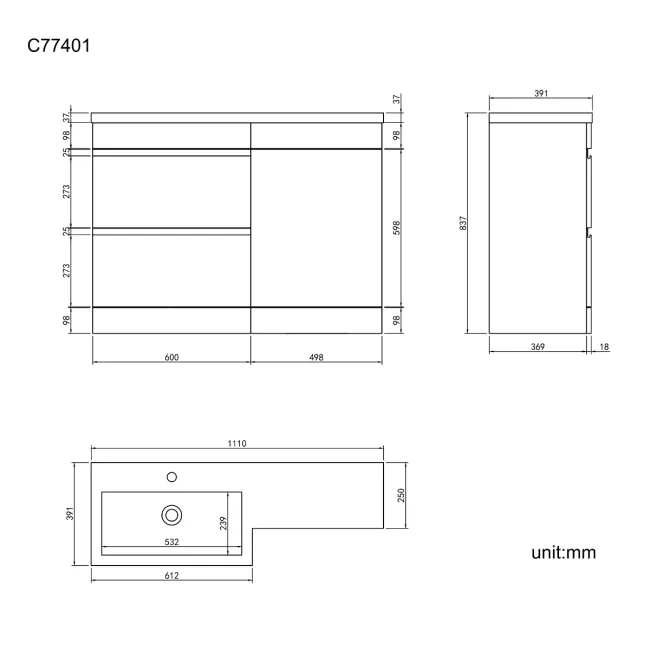 Trent Stone Grey Basin Vanity Drawer and Back To Wall Unit 1100mm - Left Handed