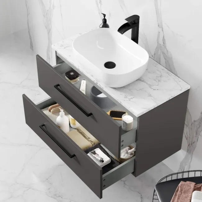 Elba Graphite Grey Wall Hung Drawer Vanity with Marble Top & Curved Counter Top Basin 800mm - Black Accents