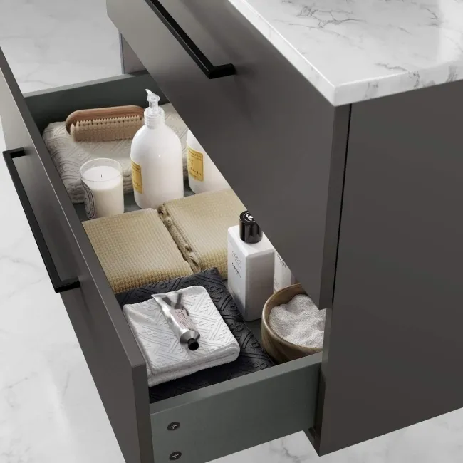 Elba Graphite Grey Wall Hung Drawer Vanity with Marble Top & Curved Counter Top Basin 800mm - Black Accents