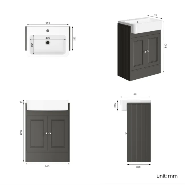 Monaco Graphite Grey Basin Vanity 600mm