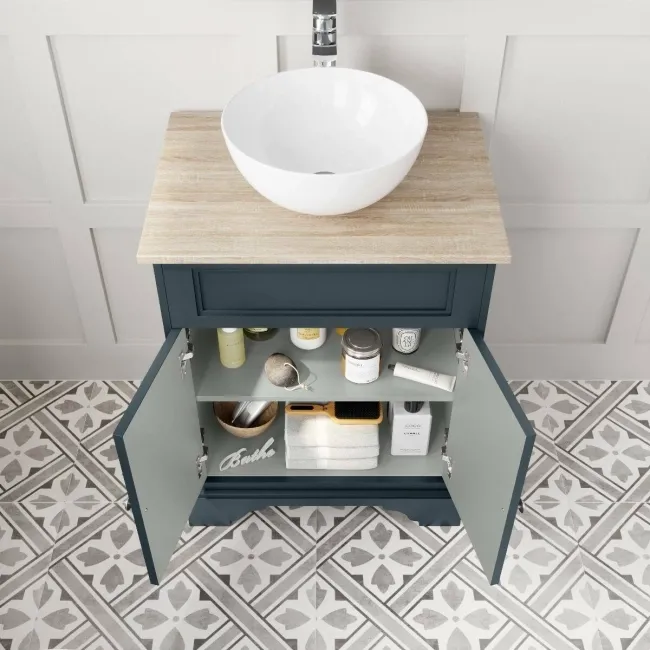 Lucia Inky Blue Vanity with Oak Effect Top & Round Counter Top Basin 640mm