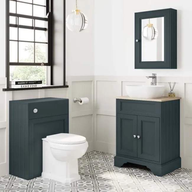 Lucia Inky Blue Vanity with Oak Effect Top & Curved Counter Top Basin 640mm