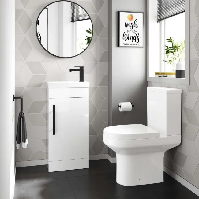 Avon Gloss White Cloakroom Floor Standing Basin Vanity 400mm - Black Accents