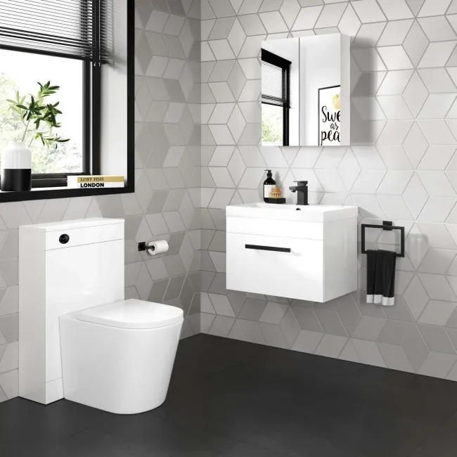 Avon Gloss White Wall Hung Basin Drawer Vanity 600mm - Black Accents