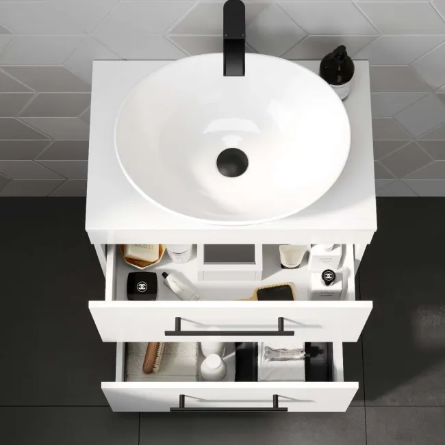 Avon Gloss White Vanity Drawer with Oval Counter Top Basin 600mm - Black Accents