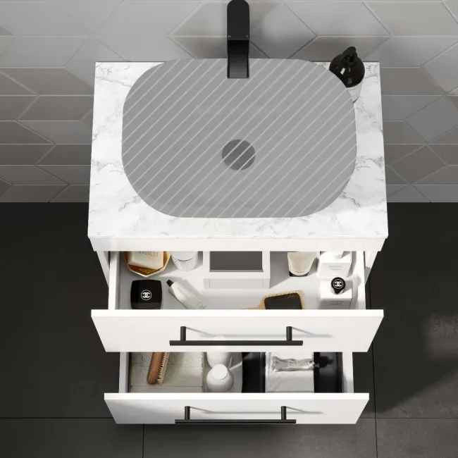 Avon Gloss White Counter Top Vanity Drawer with Marble Top 600mm - Black Accents