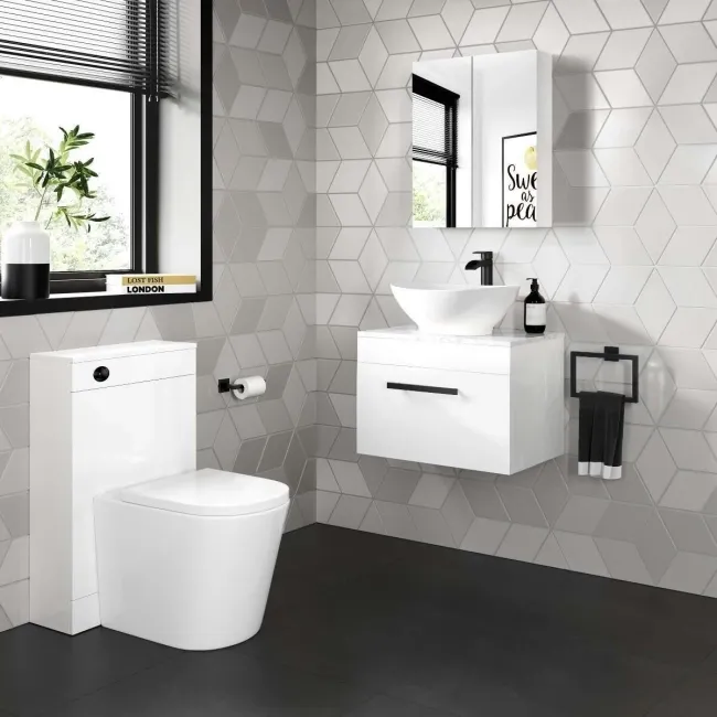 Avon Gloss White Wall Hung Drawer Vanity with Marble Top & Oval Counter Top Basin 600mm - Black Accents