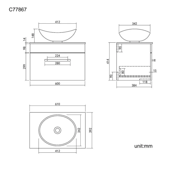 Avon Gloss White Wall Hung Drawer Vanity with Marble Top & Oval Counter Top Basin 600mm - Black Accents