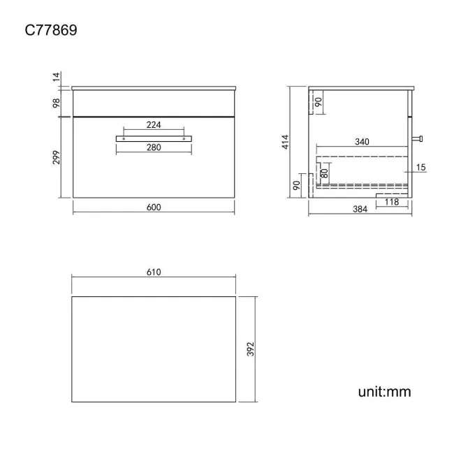 Avon Gloss White Wall Hung Counter Top Vanity with Marble Top 600mm - Black Accents