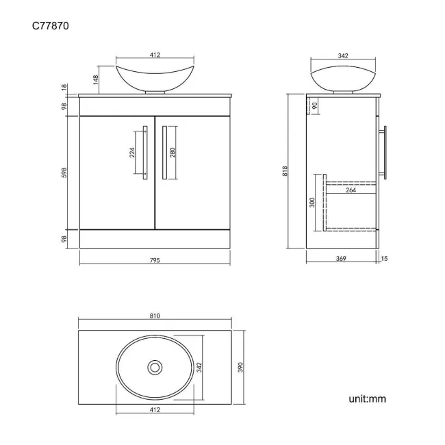 Avon Gloss White Vanity with Oval Counter Top Basin 800mm - Black Accents