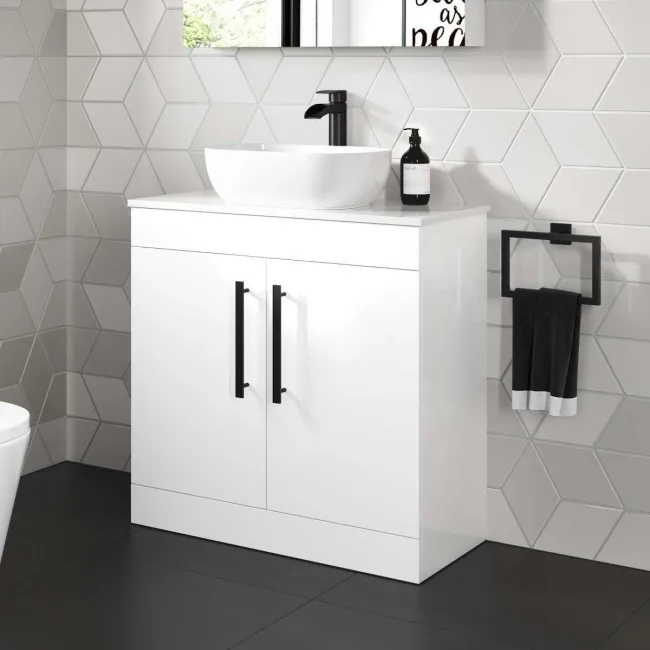 Avon Gloss White Vanity with Curved Counter Top Basin 800mm - Black Accents