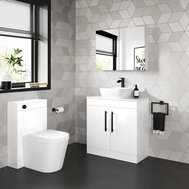 Avon Gloss White Vanity with Curved Counter Top Basin 800mm - Black Accents