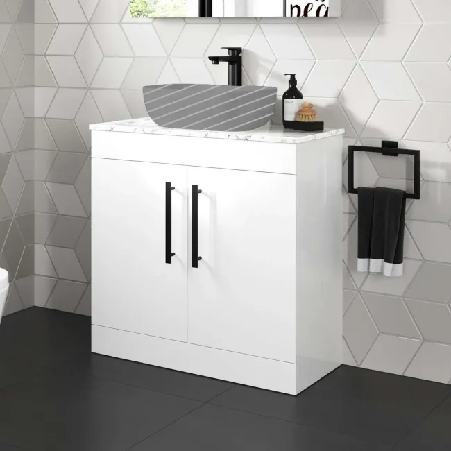 Avon Gloss White Counter Top Vanity with Marble Top 800mm - Black Accents