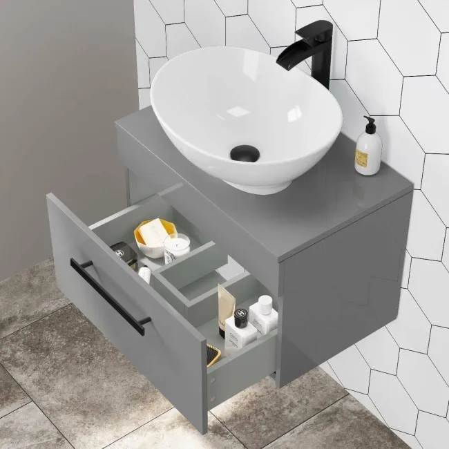 Avon Stone Grey Wall Hung Drawer Vanity with Oval Counter Top Basin 600mm - Black Accents