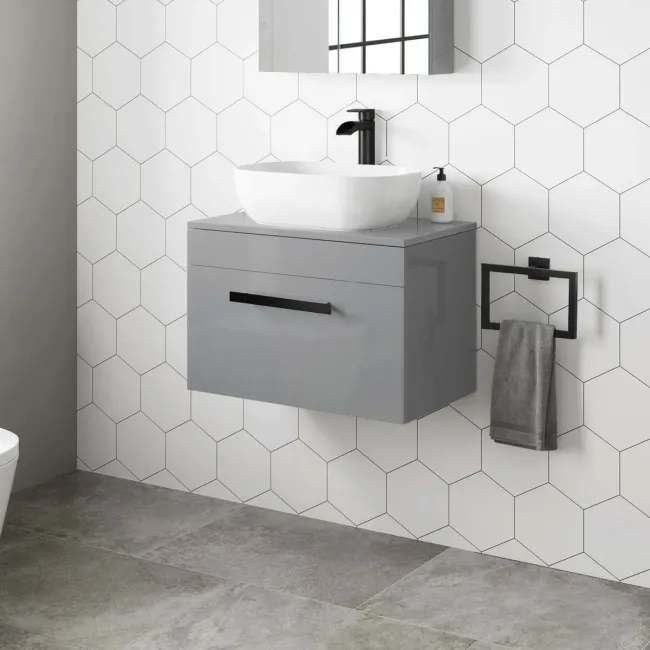 Avon Stone Grey Wall Hung Drawer Vanity with Curved Counter Top Basin 600mm - Black Accents