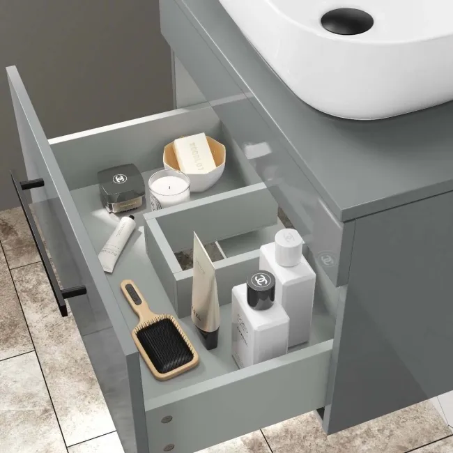 Avon Stone Grey Wall Hung Drawer Vanity with Curved Counter Top Basin 600mm - Black Accents