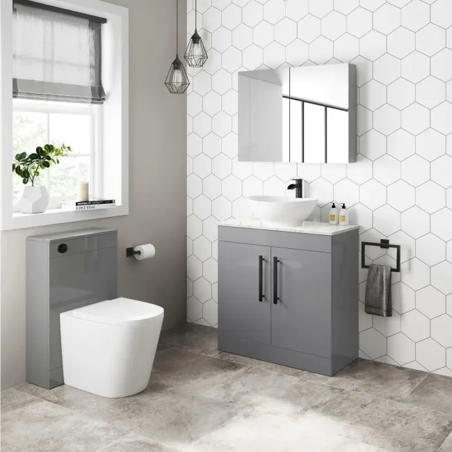 Avon Stone Grey Vanity with Marble Top & Oval Counter Top Basin 800mm - Black Accents