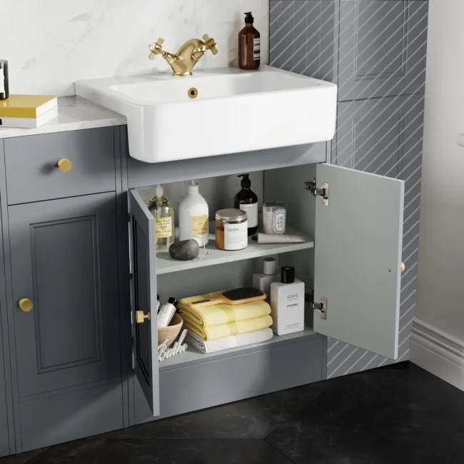Monaco Dove Grey Combination Vanity Basin with Marble Top 1500mm (Excludes Pan & Cistern) - Brushed Brass Accents