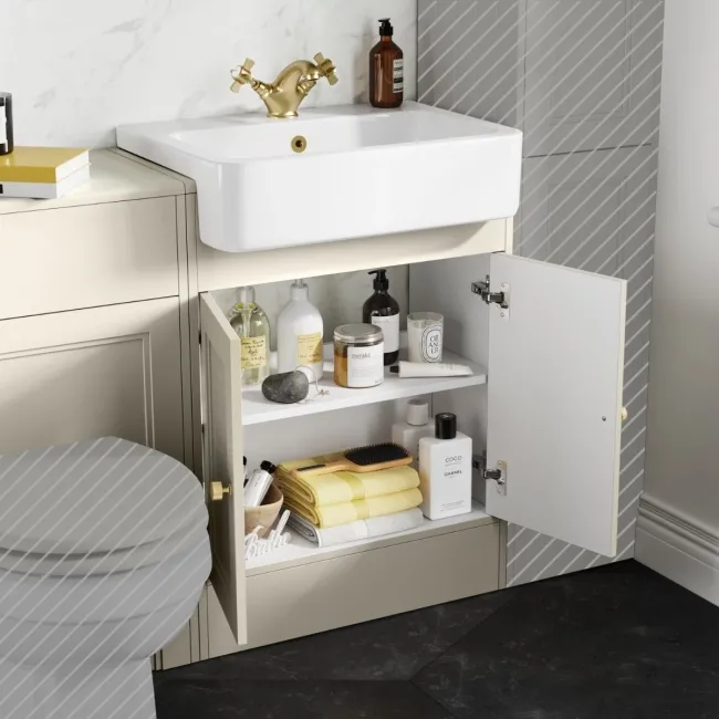 Monaco Chalk White Basin Vanity and Back To Wall Toilet Unit 1200mm (Excludes Pan & Cistern) - Brushed Brass Accents