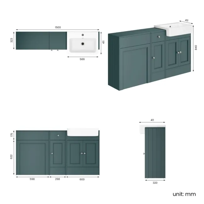 Monaco Midnight Green Basin Vanity and Back To Wall Unit 1500mm (Excludes Pan & Cistern)