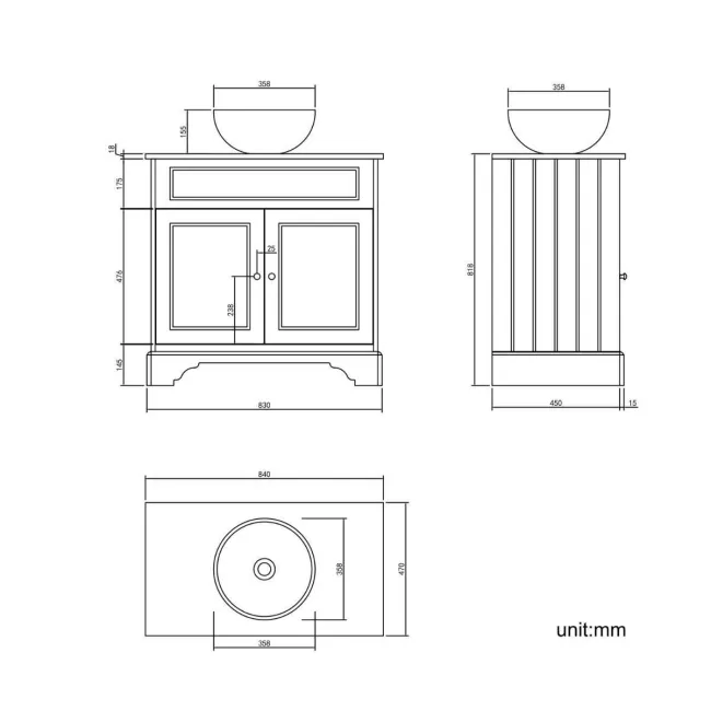 Lucia Graphite Grey Vanity with Oak Effect Top & Round Counter Top Basin 840mm - Brushed Brass Accents