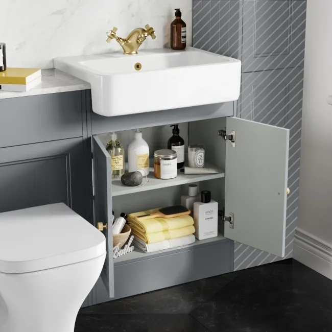 Monaco Dove Grey Combination Vanity Basin with Marble Top & Atlanta Toilet 1200mm - Brushed Brass Accents
