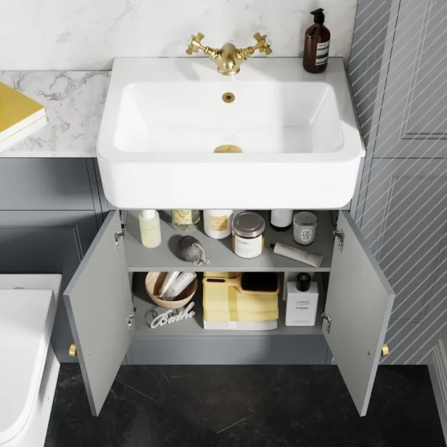 Monaco Dove Grey Combination Vanity Basin with Marble Top & Atlanta Toilet 1200mm - Brushed Brass Accents