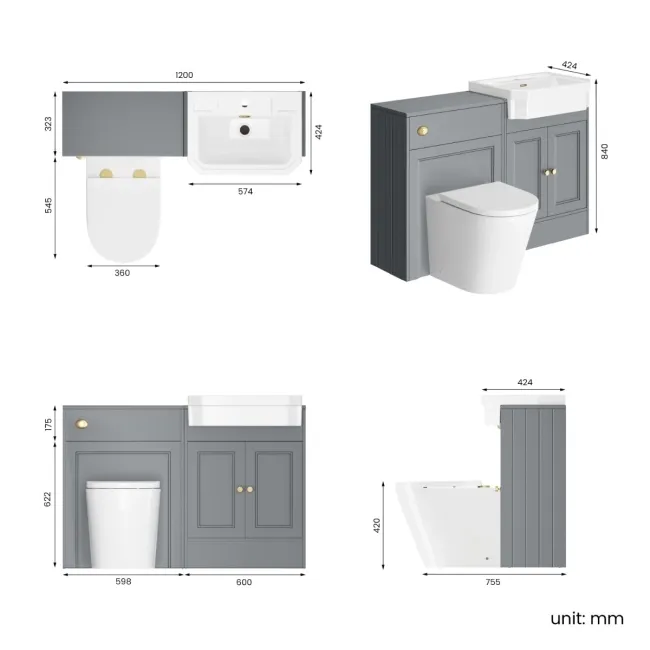 Monaco Dove Grey Combination Vanity Traditional Basin and Boston Toilet 1200mm - Brushed Brass Accents