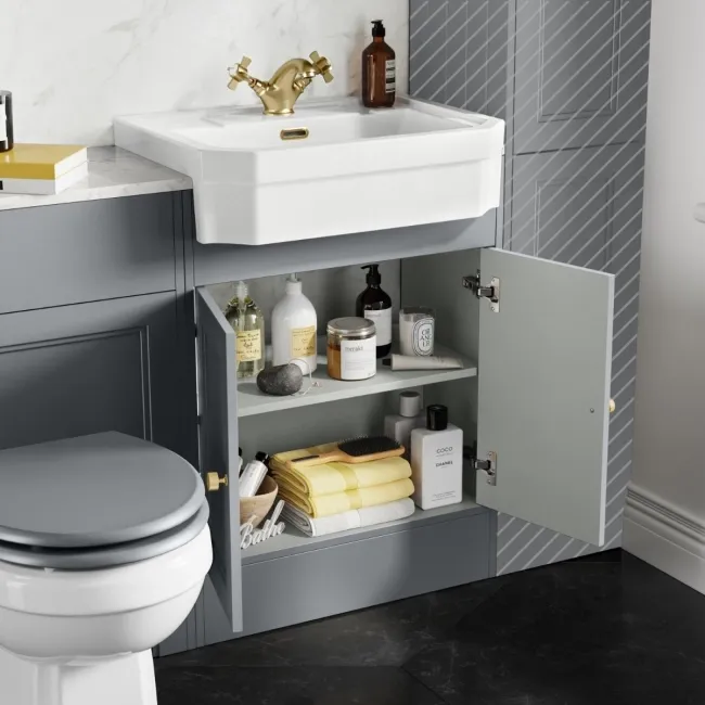 Monaco Dove Grey Combination Vanity Traditional Basin with Marble Top & Hudson Toilet with Wooden Seat 1200mm - Brushed Brass Accents
