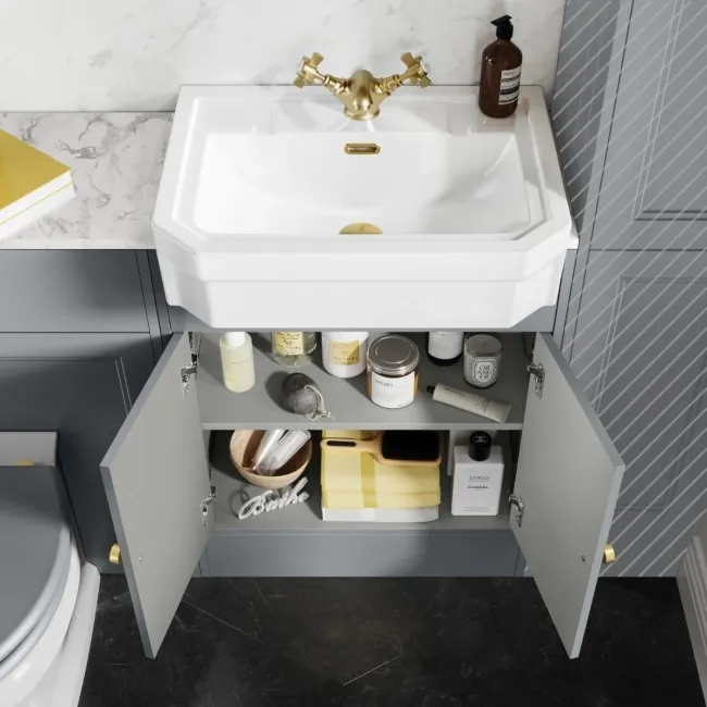 Monaco Dove Grey Combination Vanity Traditional Basin with Marble Top & Hudson Toilet with Wooden Seat 1200mm - Brushed Brass Accents