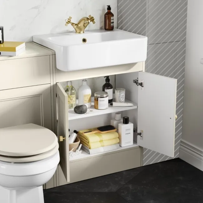 Monaco Chalk White Combination Vanity Basin and Hudson Toilet with Wooden Seat 1200mm - Brushed Brass Accents