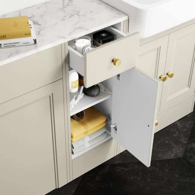 Monaco Chalk White Combination Vanity Basin with Marble Top and Hudson Toilet with Wooden Seat 1500mm - Brushed Brass Accents