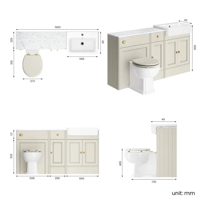 Monaco Chalk White Combination Vanity Basin with Marble Top and Hudson Toilet with Wooden Seat 1500mm - Brushed Brass Accents