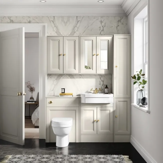 Monaco Chalk White Combination Vanity Traditional Basin and Seattle Toilet 1200mm - Brushed Brass Accents