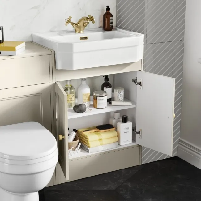 Monaco Chalk White Combination Vanity Traditional Basin and Seattle Toilet 1200mm - Brushed Brass Accents