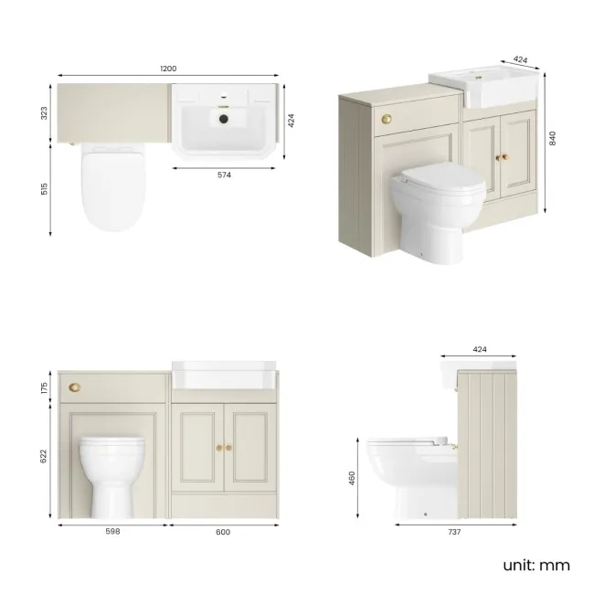 Monaco Chalk White Combination Vanity Traditional Basin and Seattle Toilet 1200mm - Brushed Brass Accents