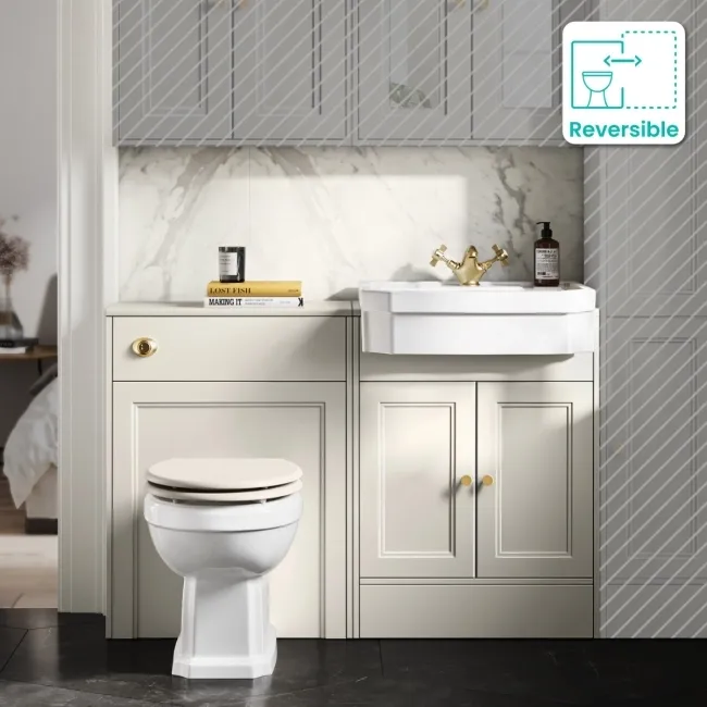 Monaco Chalk White Combination Vanity Traditional Basin and Hudson Toilet with Wooden Seat 1200mm - Brushed Brass Accents