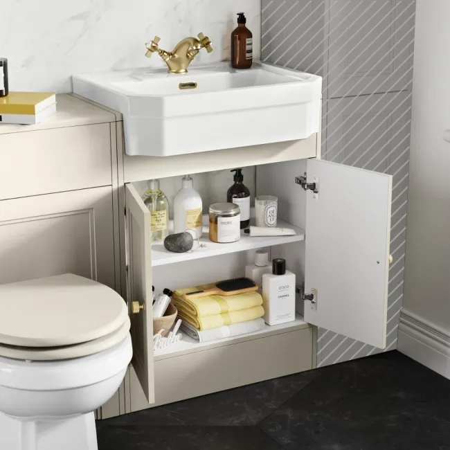 Monaco Chalk White Combination Vanity Traditional Basin and Hudson Toilet with Wooden Seat 1200mm - Brushed Brass Accents