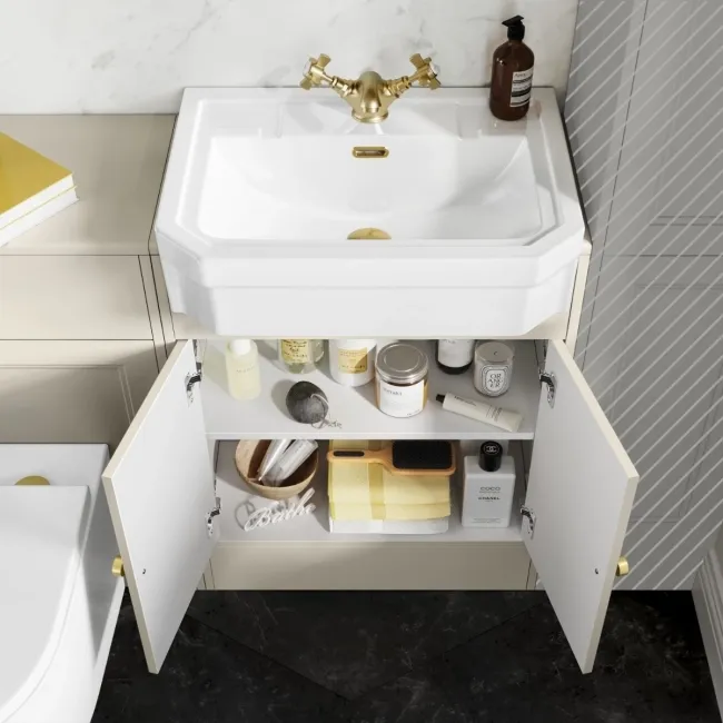 Monaco Chalk White Combination Vanity Traditional Basin and Boston Toilet 1200mm - Brushed Brass Accents