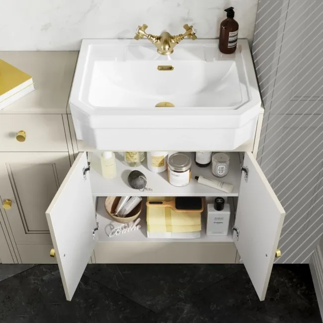 Monaco Chalk White Combination Vanity Traditional Basin and Seattle Toilet 1500mm - Brushed Brass Accents