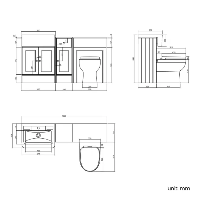 Monaco Chalk White Combination Vanity Traditional Basin and Seattle Toilet 1500mm - Brushed Brass Accents