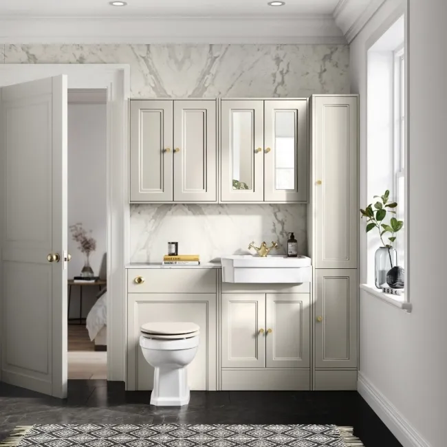 Monaco Chalk White Combination Vanity Traditional Basin with Marble Top & Hudson Toilet with Wooden Seat 1200mm - Brushed Brass Accents