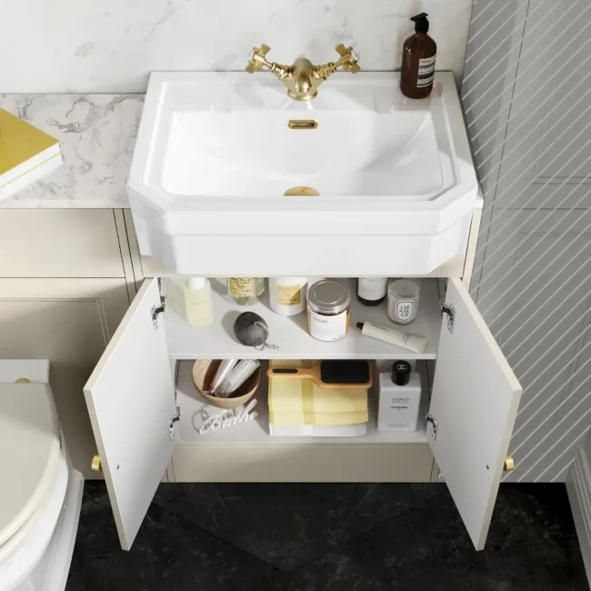 Monaco Chalk White Combination Vanity Traditional Basin with Marble Top & Hudson Toilet with Wooden Seat 1200mm - Brushed Brass Accents