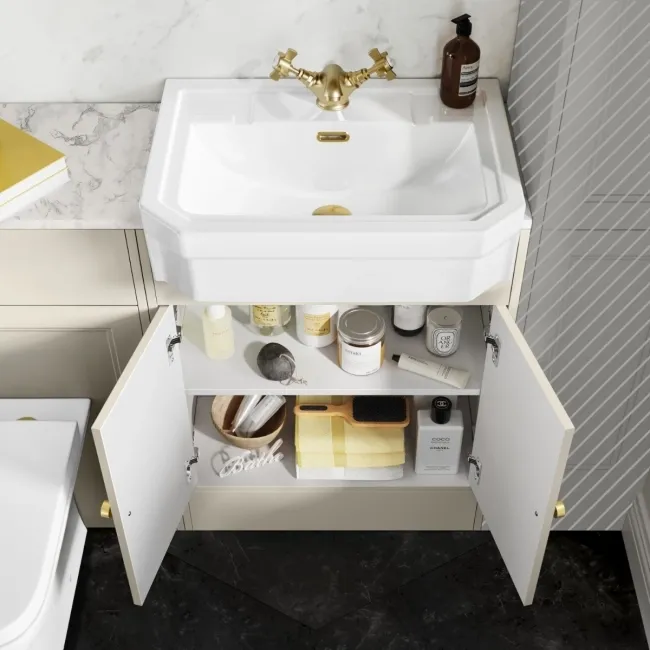 Monaco Chalk White Combination Vanity Traditional Basin with Marble Top & Atlanta Toilet 1200mm - Brushed Brass Accents
