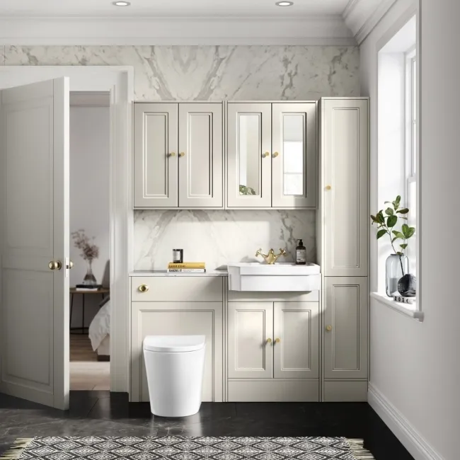 Monaco Chalk White Combination Vanity Traditional Basin with Marble Top & Boston Toilet 1200mm - Brushed Brass Accents
