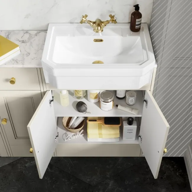 Monaco Chalk White Combination Vanity Traditional Basin with Marble Top and Seattle Toilet 1500mm - Brushed Brass Accents
