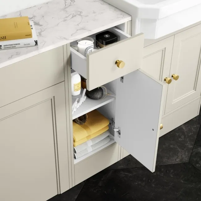 Monaco Chalk White Combination Vanity Traditional Basin with Marble Top & Hudson Toilet with Wooden Seat 1500mm - Brushed Brass Accents