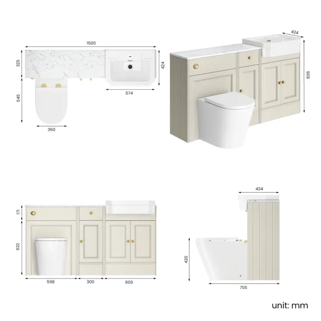 Monaco Chalk White Combination Vanity Traditional Basin with Marble Top and Boston Toilet 1500mm - Brushed Brass Accents